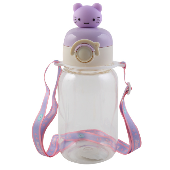 Бутылка, пластик, 600 мл, ассорти 5 видов, ремешок текстильный, трубочка, Animals, КОКОС, 252368