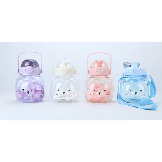 Бутылка, пластик, 900 мл, ассорти 4 вида, ремешок текстильный, трубочка, Мишка, КОКОС, 253546