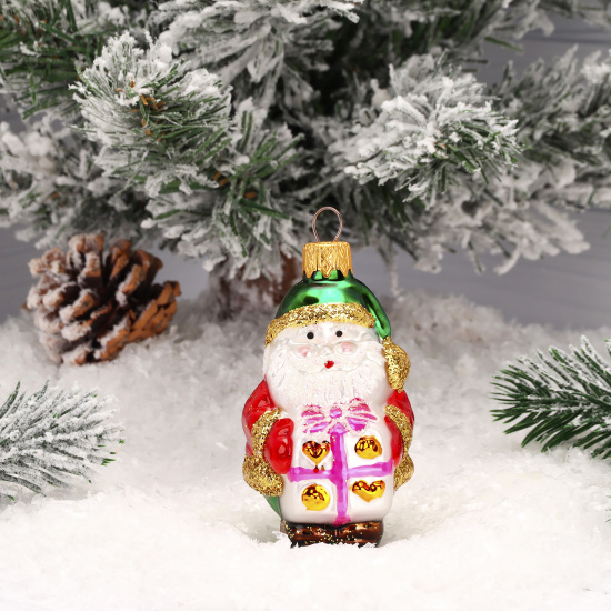 Украшение Фигура Дед Мороз с подарком 9см, стекло, рисунок Батик ФУ-510/18