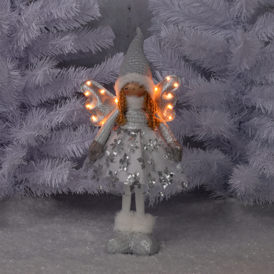 Украшение Кукла Девочка-ангел 44 см, текстиль, пластик, подсветка, серебро/белый ЛЬДИНКА 217507