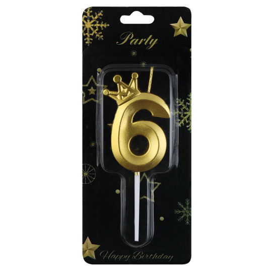 Свеча для торта, Цифра 6, 1 шт, 6 см, Золотая корона, КОКОС, 242031