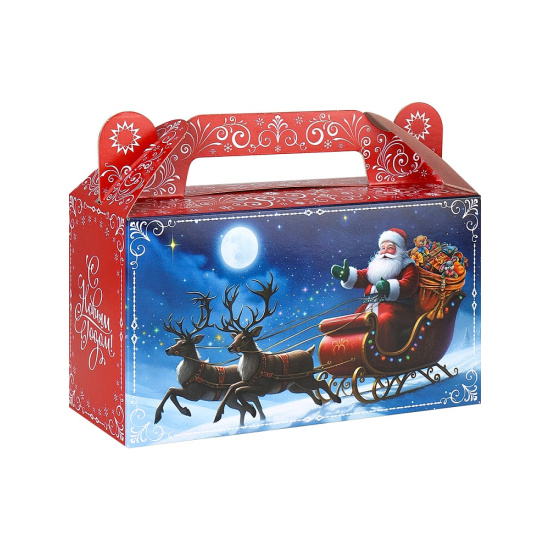 Коробка для конфет 500гр, Дед Мороз везет подарки, Сундучок, 10*18*7 см, с рисунком, Миленд, ПП-6253