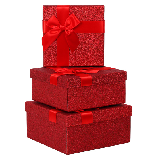 Набор подарочных коробок 3 шт, 19,5*19,5*9,5-15,5*15,5*6,5 см, красный с блестками КОКОС 232217