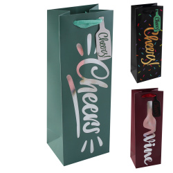 Пакет подарочный для бутылок, 12*35*10 см, картон, ламинация матовая, фольгой, ручка лента, рисунок, ассорти 3 вида, Cheers, КОКОС, 253892, KARIIOU