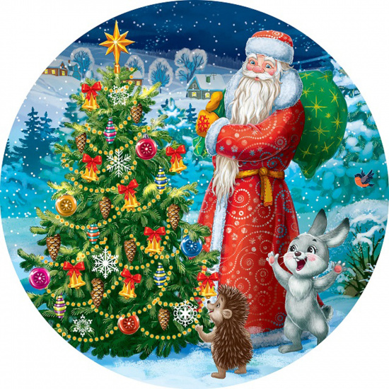 Мозаика алмазная круглая, d-18 см, выкладка частичная, картон Дед Мороз и зверята Рыжий кот RDC18021