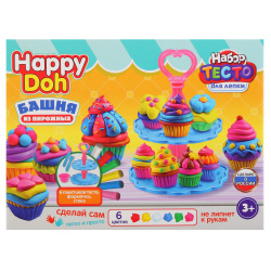 Тесто для лепки, 6 цветов, 300 гр, формочки, застывает на воздухе, Этажерка с пирожными, Happy Doh, 398687
