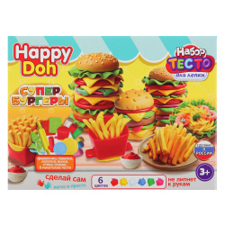 Тесто для лепки, 6 цветов, 300 гр, формочки, застывает на воздухе, Бургер и картошка, Happy Doh, 398683