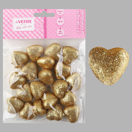 Пенопластовая заготовка Сердце Glitter 20 шт, 3 см, цвет золото, европодвес, пакет ОПП deVENTE 8003020
