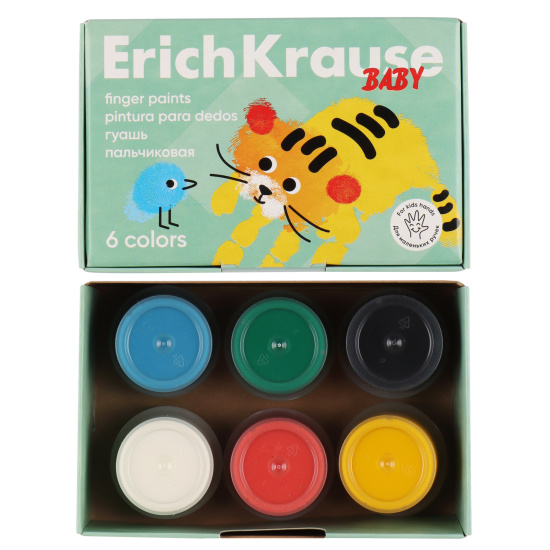 Гуашь пальчиковая 6 цветов, 20 мл, с Алоэ Вера, картонная коробка Baby Erich Krause 61399