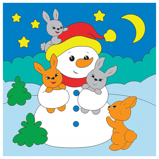 Картина по номерам 15*15 см, холст, на подрамнике Снеговик и зайчата Рыжий кот ХК-1129