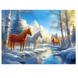 Картина по номерам, 22*30 см, холст, на подрамнике, Лошади на зимнем ручье, Рыжий кот, ХК-0506