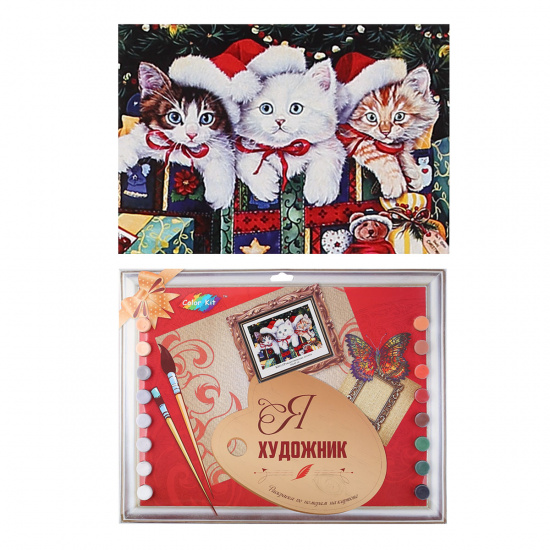 Раскраска по номерам на картоне 30*40 Рождественские котята KS013