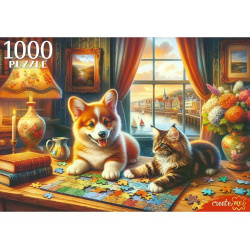 Пазлы 1000 элементов 470*670 Рыжий кот CreateMe Кот и щенок за пазлами Ф1000-2860