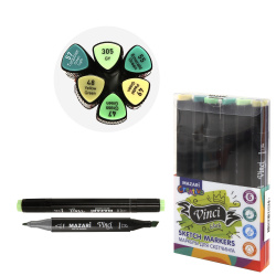 Набор маркеров для скетчинга двусторонние, 6шт, 1-6,2мм, пулевидный, скошенный Green colors VINCI BLACK Mazari M-15137- 6