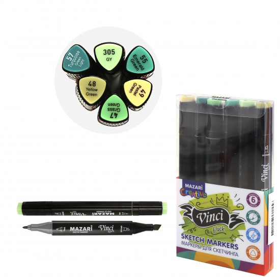 Набор маркеров для скетчинга двусторонние, 6шт, 1-6,2мм, пулевидный, скошенный Green colors VINCI BLACK Mazari M-15137- 6