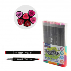 Набор маркеров для скетчинга двусторонние, 6шт, 1-6,2мм, пулевидный, скошенный Berries colors VINCI BLACK Mazari M-15135- 6