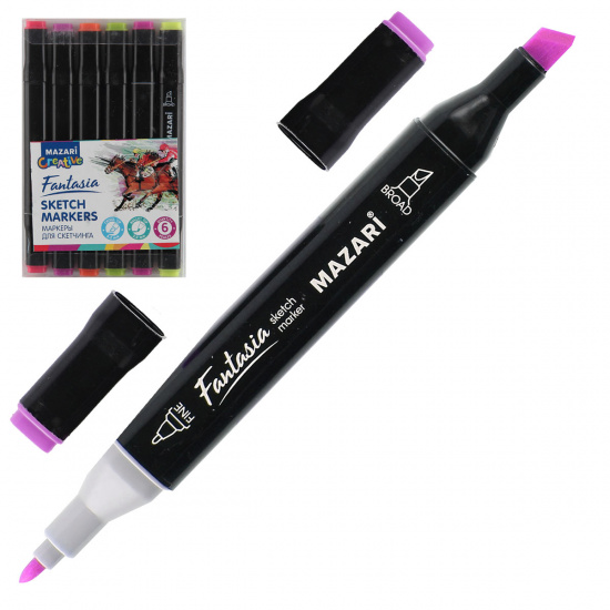 Набор маркеров для скетчинга 6цв двусторонние 3-6,2мм Mazari Fantasia Fluorescent colors флуоресцентные цвета M-5021