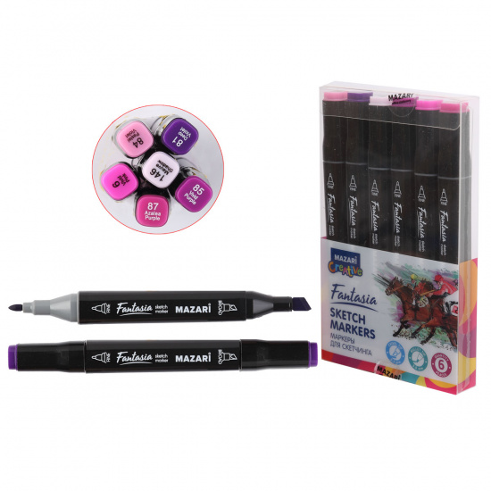 Набор маркеров для скетчинга 6цв двусторонние 3-6,2мм Mazari Fantasia Purple colors пурпурные цвета M-15009-6