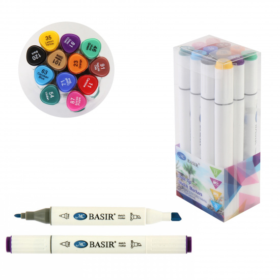 Набор маркеров для скетчинга двусторонние, 12шт, 1-7мм, пластиковая коробка, цвет ассорти Basir