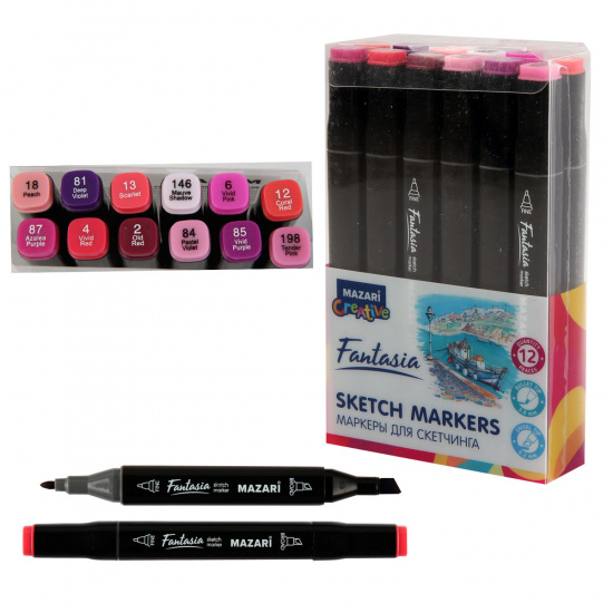 Набор маркеров для скетчинга 12цв двусторонние 3-6,2мм Mazari Fantasia ягодные цвета M-5034