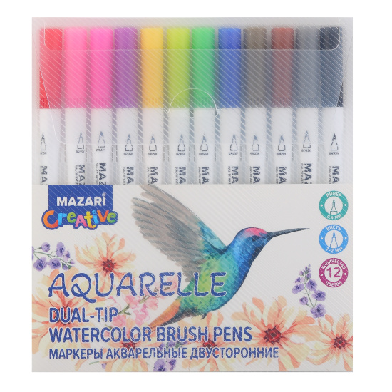 Набор акварельных маркеров, 12 шт, кистевидный/линер, Aquarelle, Mazari, M-15213-12A