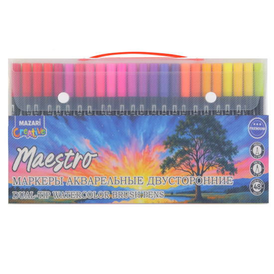Набор акварельных маркеров, 48 шт, кистевидный/линер, Maestro, Mazari, M-15218-48