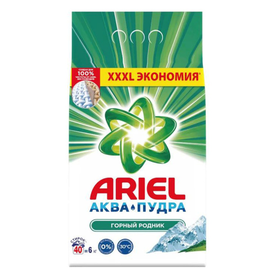 Порошок, Ariel, автомат, 6 кг, для белого белья, пакет полиэтиленовый, 80876371