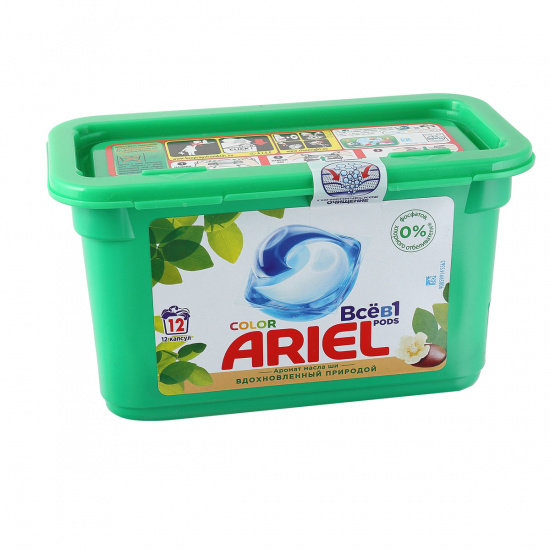 Гель автомат в растворимых капсулах Ariel масло ши 12 шт, 22,8 гр, для цветного белья, пластиковая коробка 81763395