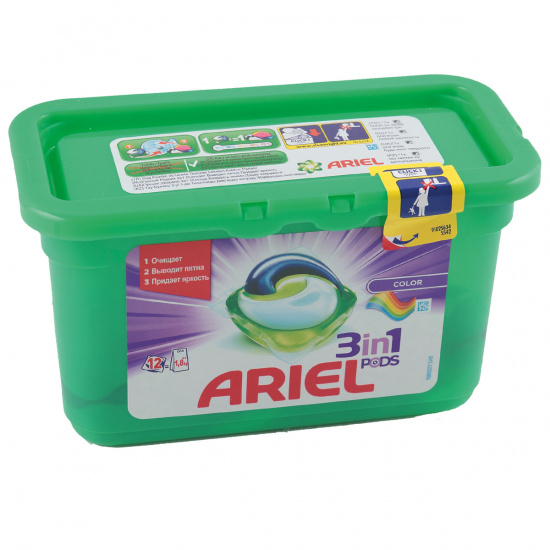 Гель автомат в растворимых капсулах Ariel 12 шт, 27 гр, для цветного белья, пластиковая коробка 81744328