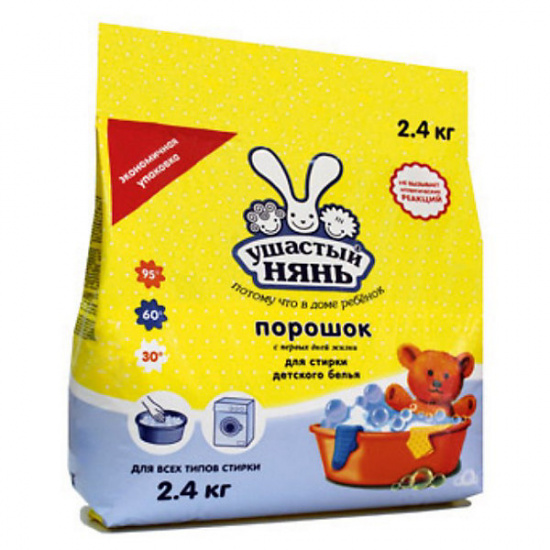 Порошок Ушастый нянь универсальный, порошок, для детского белья, пакет полиэтиленовый, 2,4 кг