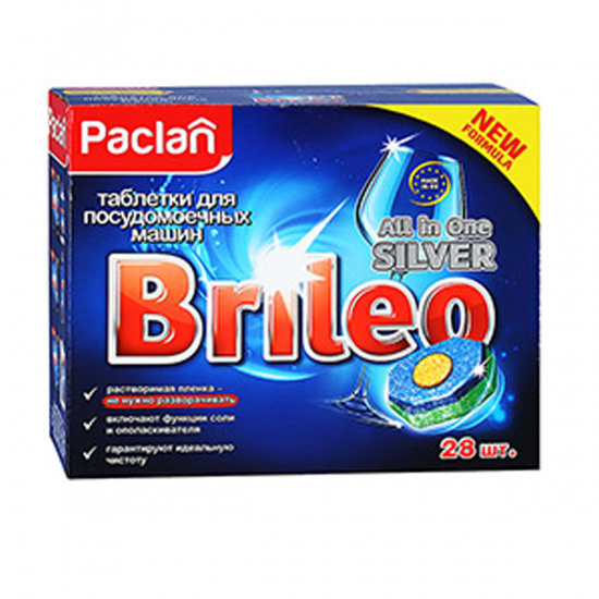 Таблетки для посудомоечных машин PACLAN таблетки, 28шт ALL IN ONE SILVER BRILEO 419110
