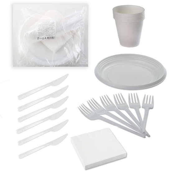 Набор :вилка,нож,салфетка,тарелка,стакан(на шестерых) пластик, 21*21 см, 50 шт 119014