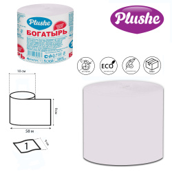 Бумага туалетная, Plushe, Богатырь+, без втулки, 1 слой, 1 шт, 58 м, целлюлоза, 16502