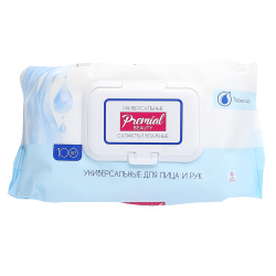 Салфетки влажные, освежающие, 100 шт, пакет с пластиковым клапаном, Premial, 430792