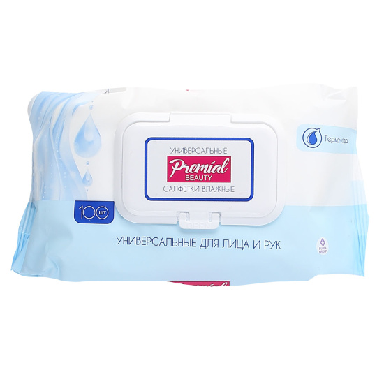 Салфетки влажные, освежающие, 100 шт, пакет с пластиковым клапаном, Premial, 430792