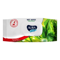 Салфетки влажные, антибактериальные, 120 шт, пакет с пластиковым клапаном, AURA