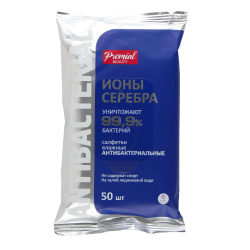 Салфетки влажные, антибактериальные, 50 шт, пакет с клеевым клапаном, Premial, 74583