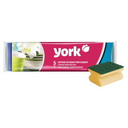 Губки для посуды, 5 шт, 80*60*43 мм, поролон+абразивный слой, профилированные, полиэтиленовая упаковка, York, 031020