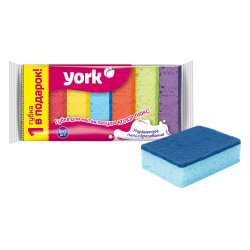Губки для посуды, 6+1 шт, 100*65*30 мм, поролон+фибра, пакет полиэтиленовый, York, Колор Люкс, 030180