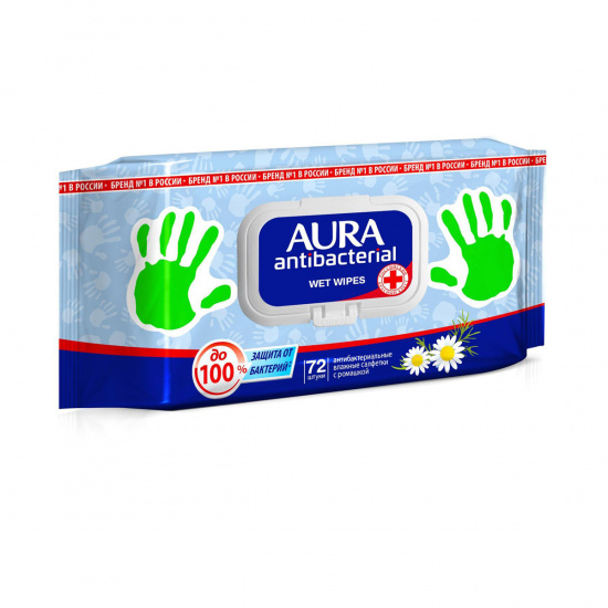 Салфетки влажные 72шт AURA с антибактериальным эффектом Derma Protect Ромашка Big-pack с крышкой  10037