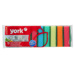 Губки для посуды, 10 шт, 80*50*25 мм, поролон+абразивный слой, полиэтиленовая упаковка, York, 030010