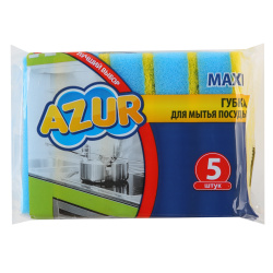 Губки для посуды, 5 шт, 95*65*25 мм, поролон, полиэтиленовая упаковка, Azur, 030170