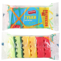 Губки для посуды, 5+1 шт, 95*65*30 мм, поролон+абразивный слой, пакет полиэтиленовый, Avikomp, Eco Technology, 41100