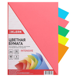 Бумага цветная А4, 80 г/кв.м, 50 листов, 5 цветов, интенсив KLERK 200020-Р