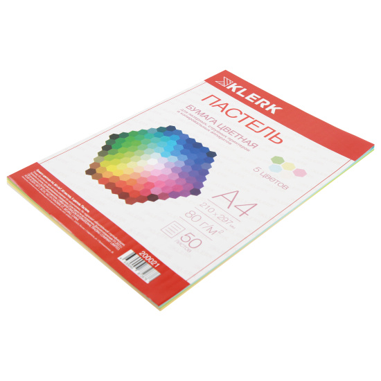 Бумага цветная А4, 80 г/кв.м, 50 листов, 5 цветов, пастель KLERK 200021