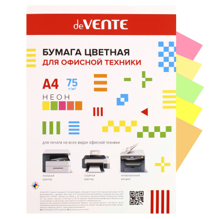 Бумага цветная А4, 80г/кв.м., 100л, 5 цветов, неон deVENTE 2072949 Бумага цветная А4, 80г/кв.м., 100л, 5 цветов, неон deVENTE 2072949