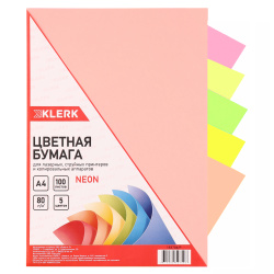 Бумага цветная А4, 80 г/кв.м, 100 листов, 5 цветов, неон KLERK 183704-Р