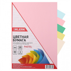 Бумага цветная А4, 80г/кв.м., 100л, 5 цветов, пастель KLERK 200022-Р
