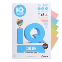 Бумага цветная А4 80г/м 250л 5цв пастель IQ Color pastel (желт, оранж, зел, роз, гол) 00-00006284