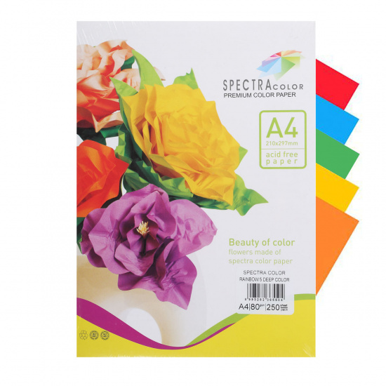 Бумага цветная А4 80г/м2 250л 5 цветов интенсив deep Spectra Color № 82A